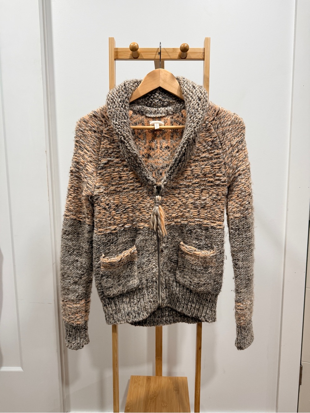 Wilfred Multitone Knit Shawl-Collar Cardigan - Brown & Cream